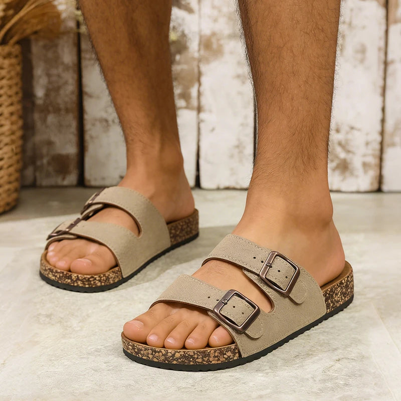 Men's Summer, Spring, and Autumn Casual Simple Buckle Cork-Patterned Adjustable Pu Upper Flat-Soled Slip-On Double-Bar Slippers for Beach and Home Outdoor Use