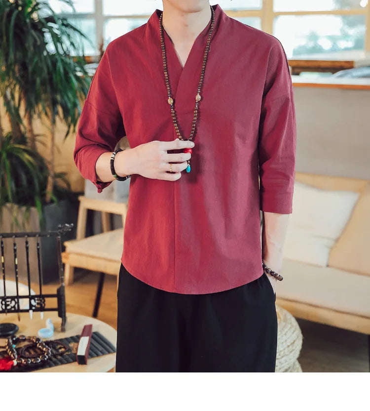 Summer Kimono Japanese Style Short Sleeve Men New Half-sleeved Cotton Linen Breathable Men Clothing T-shirt Japanese Yukata Tops