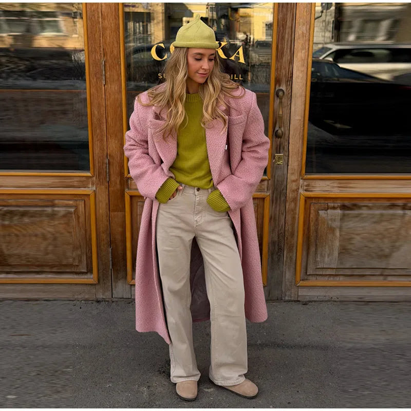 Chic Women's Woolen Overcoat Autumn Winter Solid Lapel Double Breasted Long Sleeve Long Coat 2026 Elegant Lady Street Outwear