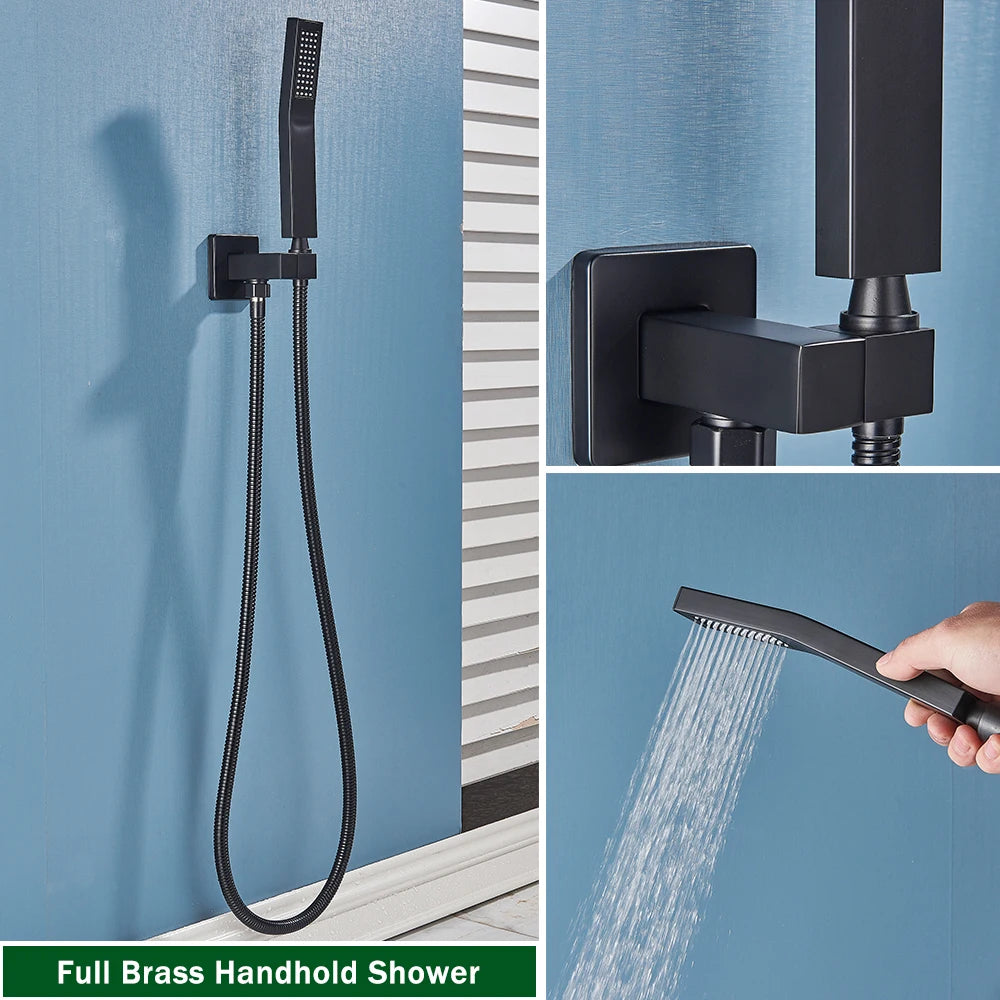 Rozin Brass Thermostatic Shower Faucet Black 40*80cm Ceiling Rainfall Shower Head Mixer Tap Concealed Install Bathroom Faucets