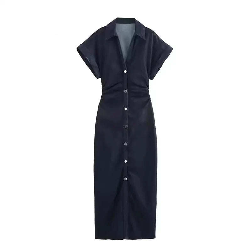 Denim Dress Women's Spring Summer Casual Long Dresses For Women 2026 New Fashion Ruched Short Sleeve Streetwear Midi Dress