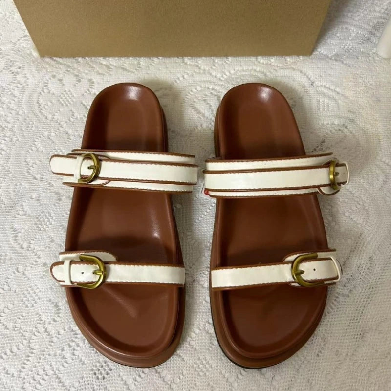 Double Buckle Sandals Women Comfortable Flat Slippers Casual Summer Beach Shoes Non-slip Slip On Slides Chunky Footbed
