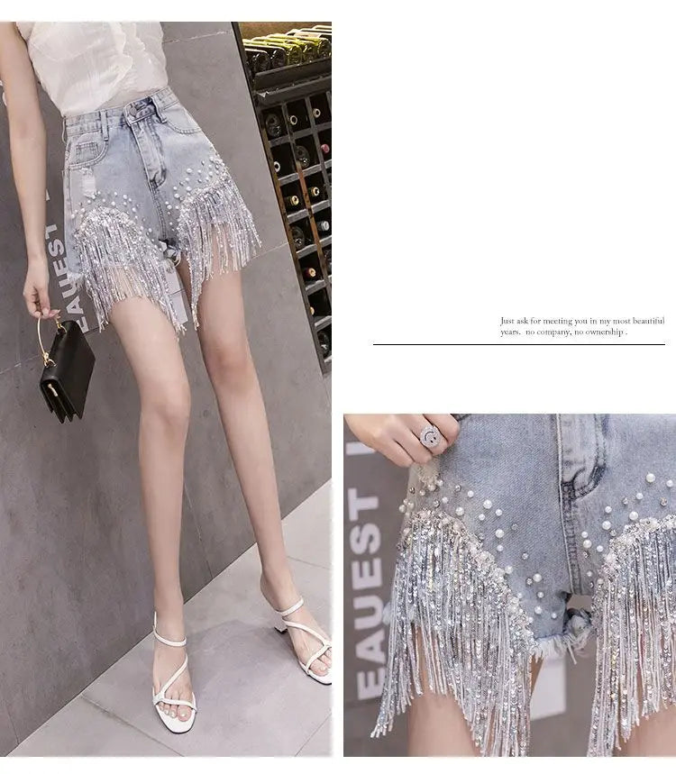 2026 Summer New Personalized Denim Shorts Women's High Waist Diamond Inlaid Heavy Industry sequins Tassel Denim Hot Pants Trendy