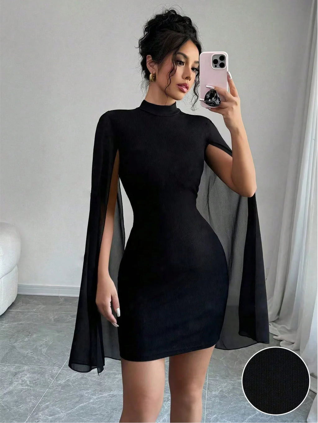 Sexy Women's Stand Collar Cape Mini Dress Sparkling Club Party Night Out Fitted Bodycon Elegant Autumn Winter