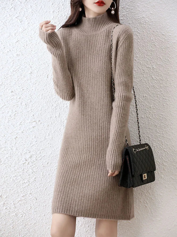 Fashion Cashmere Sweater Womens Knitted Dresses 100% Merino Wool Turtleneck Elegant Dress Autumn Winter Long Sleeve Short Skirts