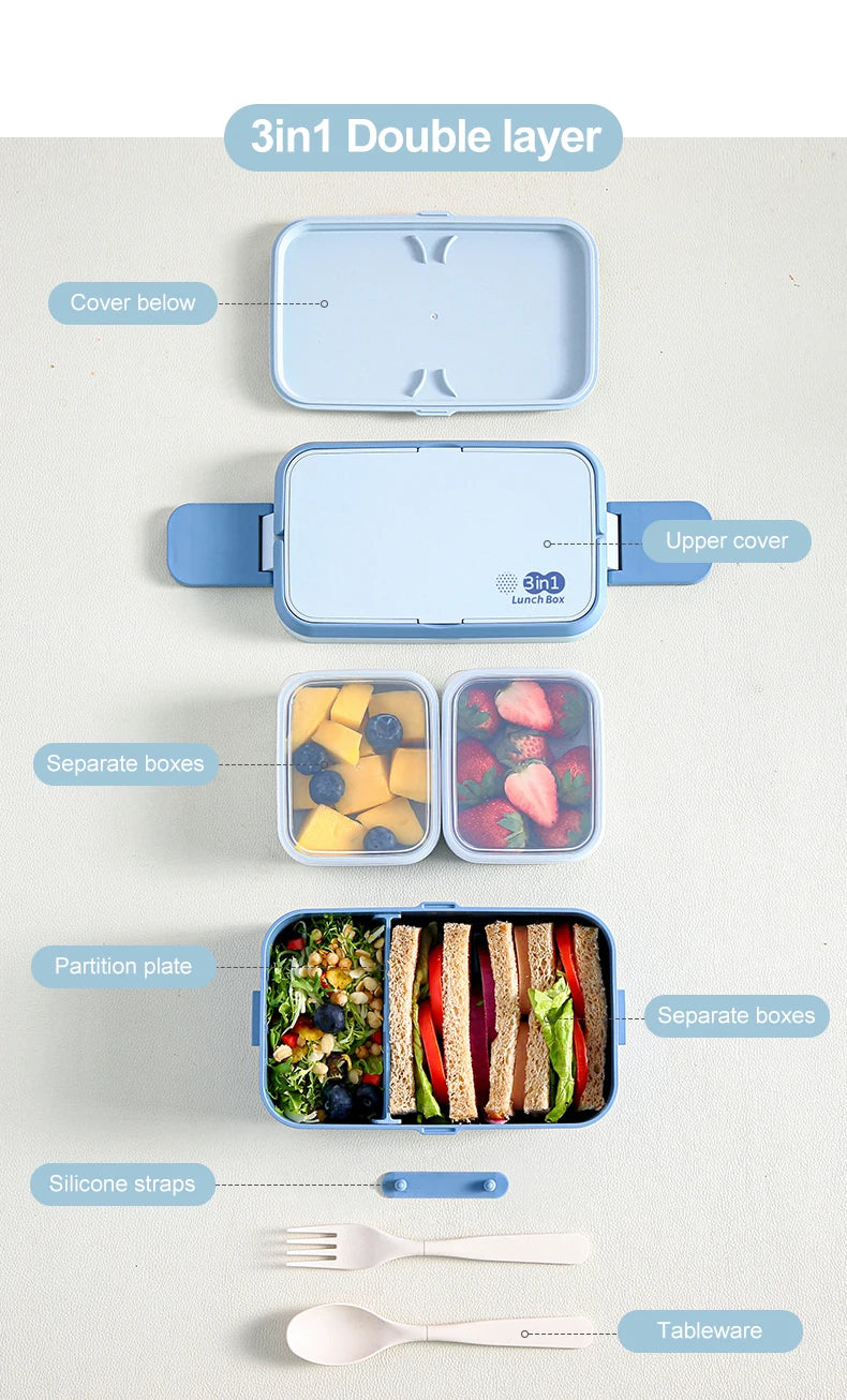 Picnic Lunch Box Bamboo Fiber 3in1 Double Layer Microwavable Bento Box Food Storage Containers school Child Lunch Boxes for Kids