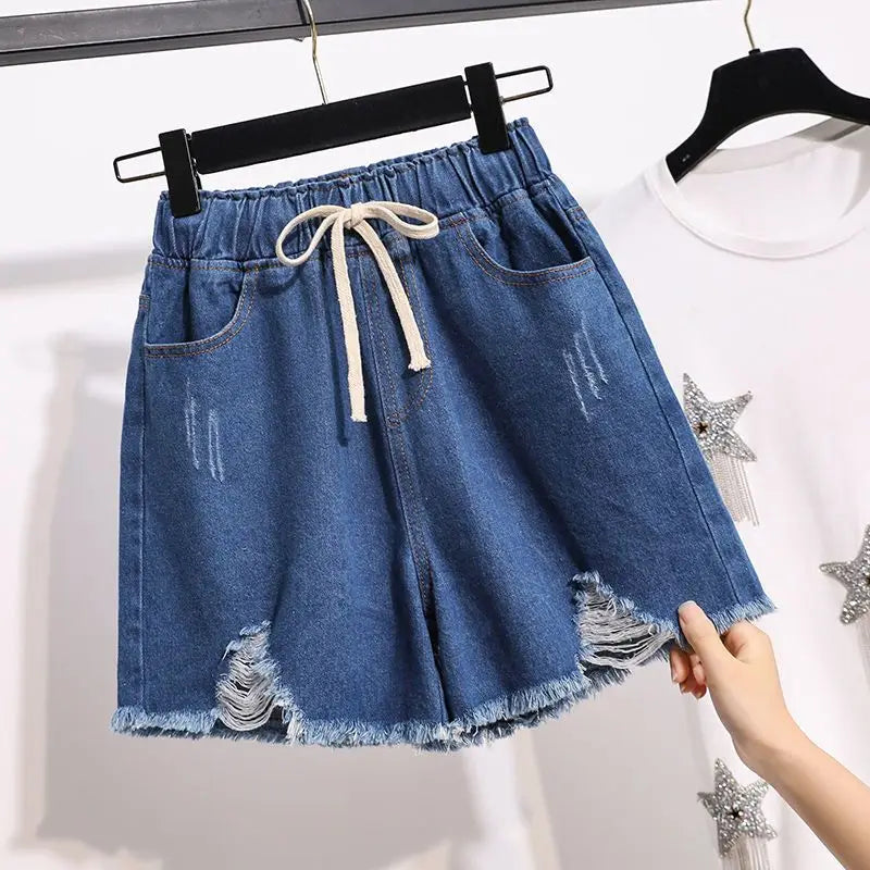 Denim Shorts for Women Korean Style Young College Girls Clothing Summer Elastic Waist Fashion Soft Loose Streetwear Chic Pockets