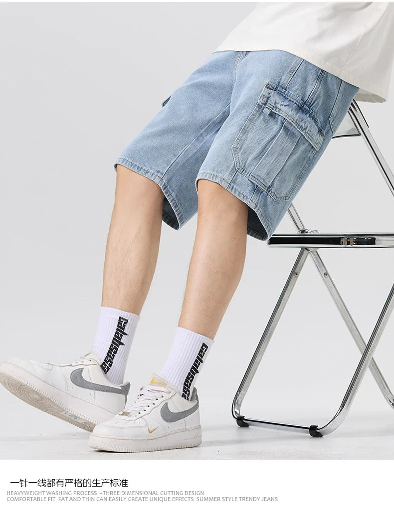 Men's Fashion Cargo Denim Shorts Summer Streetwear Multi-Pocket Casual Knee Length Stretch Five-Point Jeans Shorts Male Trendy