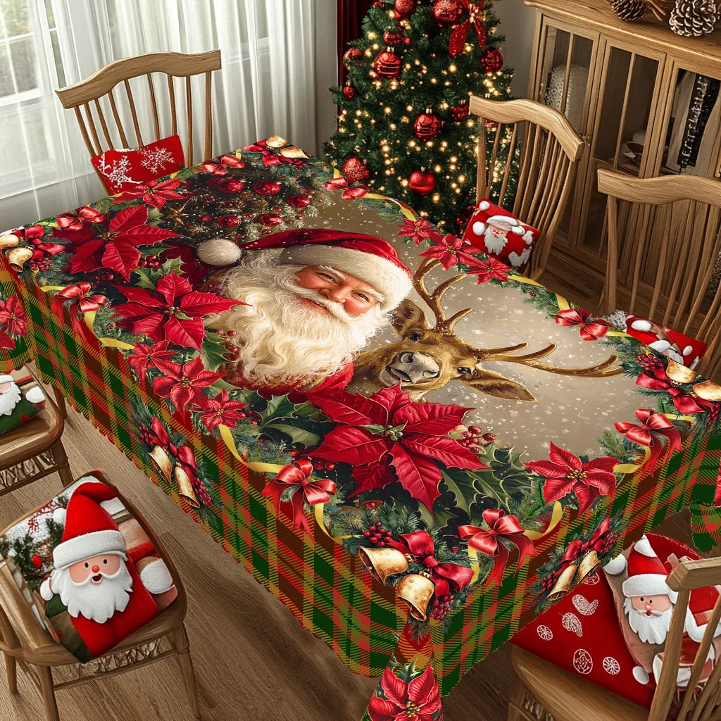 1Pc Merry Christmas Theme Printed Tablecloth, Retro Country Farmhouse Style, Santa, Plaid Pattern Design, for Christmas, New Year Party, Party Decoration, Kitchen Accessories, Room and Outdoor Decoration, Gift for Friends