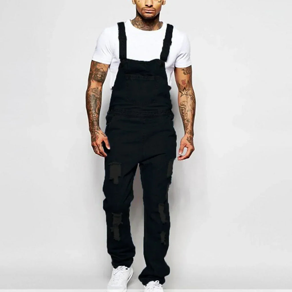 2026 Men's Ripped Denim Overalls Fashion Full Length Suspender Pants Man Jeans High Street Jumpsuit Distressed Casual Trousers