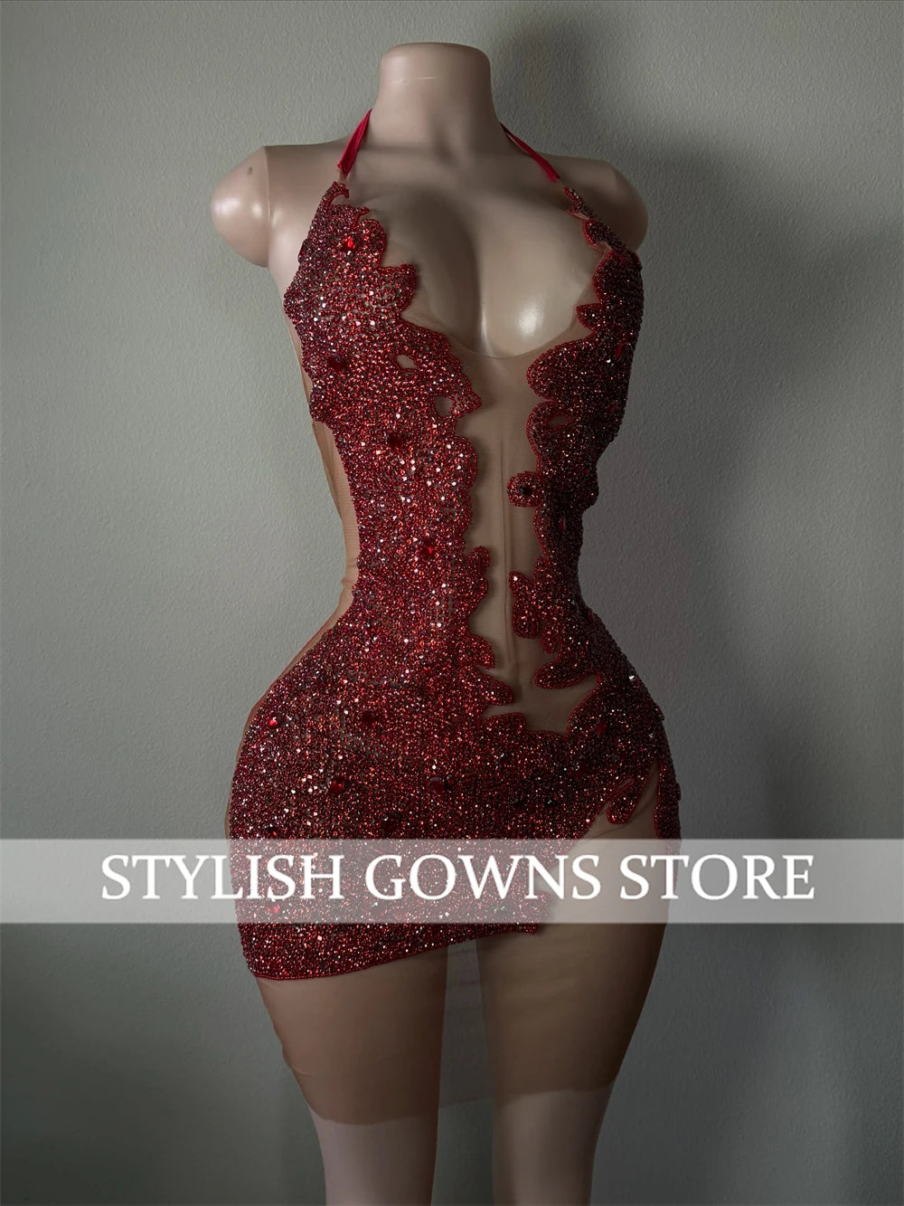 Red Sheer Diamond Short Prom Dress Black Girls Birthday Party Dresses Beaded African Cocktail Dresses Homecoming 2026 Customized