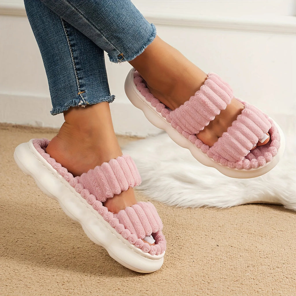 Fashion Women Winter Slipper Corduroy Double Strap House Warm Plush Flat Slippers Autumn Woman Light Comfort Indoor Slipper