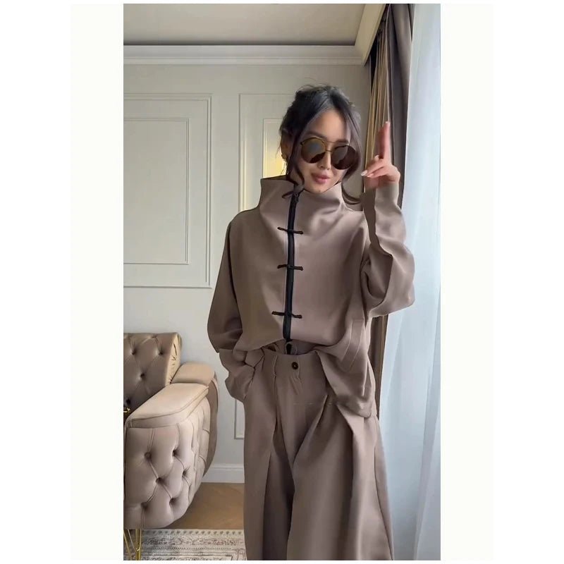 Coffee Tang Suit Two Piece Set Mandarin Collar Frog Button Top Wide Leg Cropped Pants Sets Lady Chic Retro Oriental Daily Wear