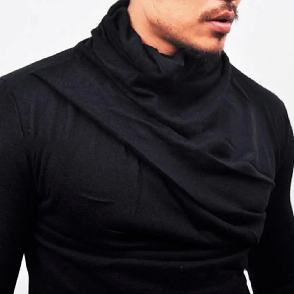Spring Autumn Men Top Slim Fit Casual Men Pleated Collar Shirt Stretchy Long Sleeves Pullover Sweatshirt for Sports Street Wear