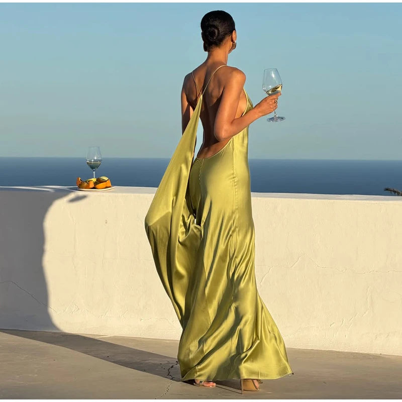Backless Women Dress Satin Spaghetti Strap Maxi Dresses Back Tail Cowl Drape Front Neck Side Split Hem Elegant Evening Bodycon