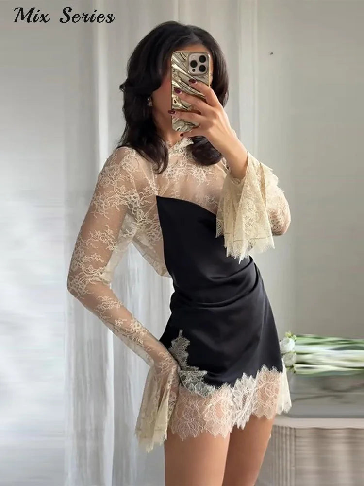 Sexy Color Block Bodycon Dress Women's Lace Insert Full Sleeve Y2K Mini Dresses 2025 Autumn Lady New Elegant Party Clubwear