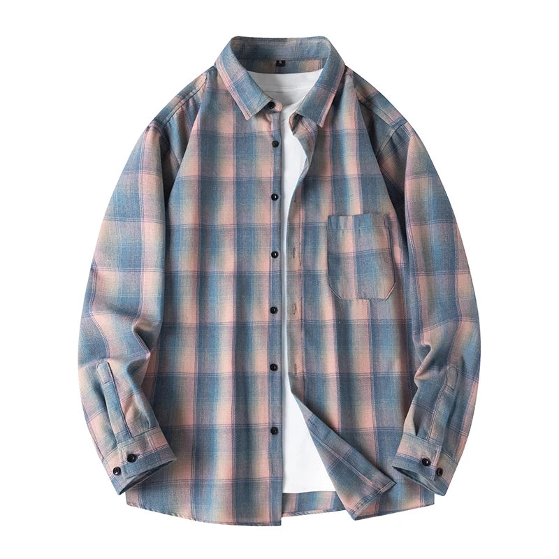 Men Shirt Plaid FlannelLong Sleeve Blue Loose Mens Casual Shirt Oversized Spring Autumn Comfortable Male Soft Dress Shirt