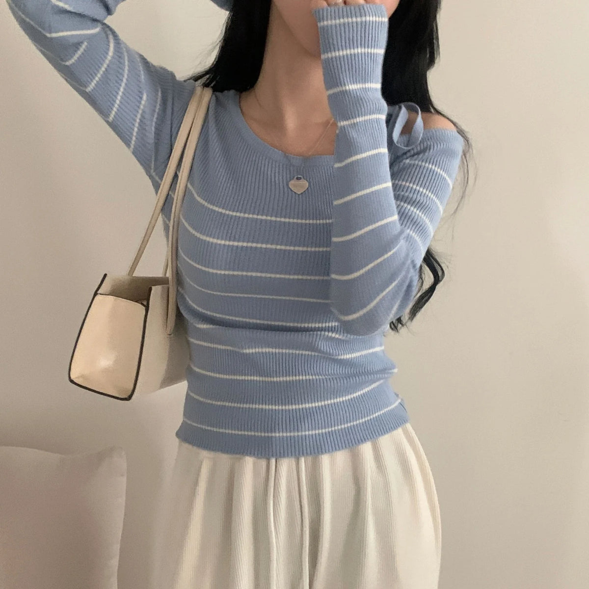 2026 New Women's Elegant Off-Shoulder Sweater T-Shirt Black White Striped with Adjustable Lace-Up Fall Winter Casual Chic Top