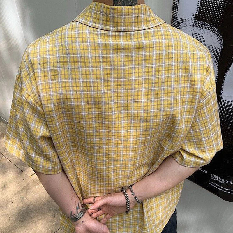2025 Summer Stylish Short Sleeve Shirt Men's Streetwear Vintage Button-up Turn-down Collar Shirts Trendy Men Plaid Printed Shirt