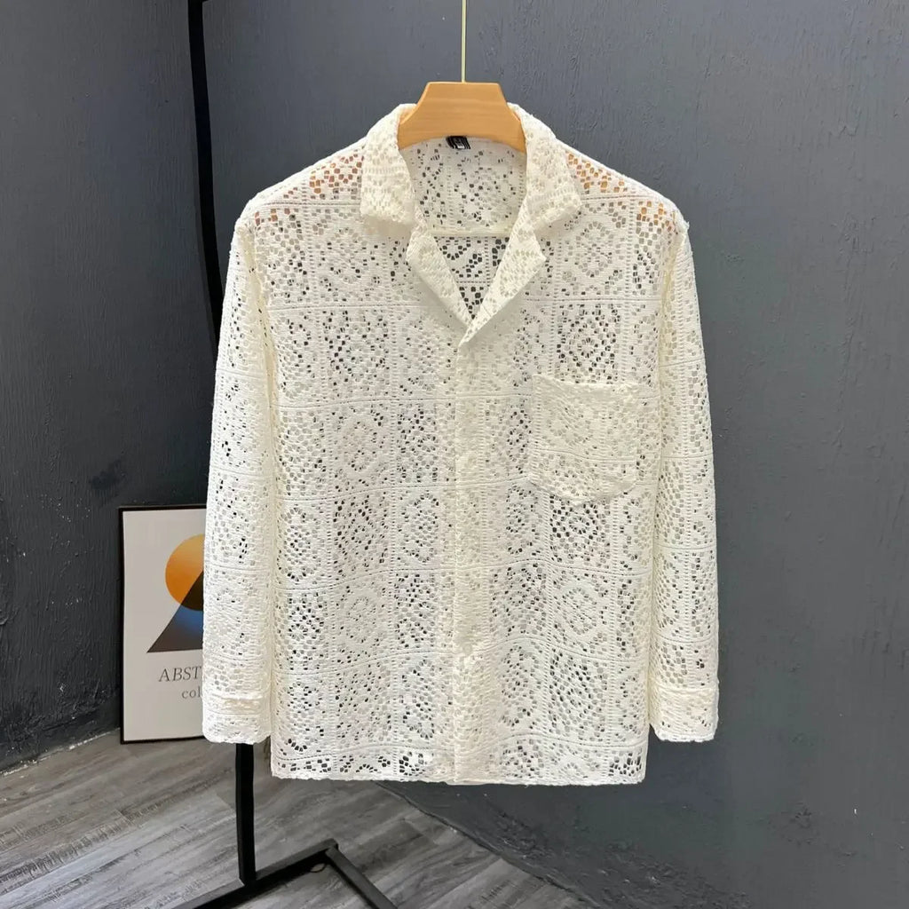 2025 Men New Summer Long-sleeved Jacket Hollow Trendy Top Thin Cool Breathable Shirt