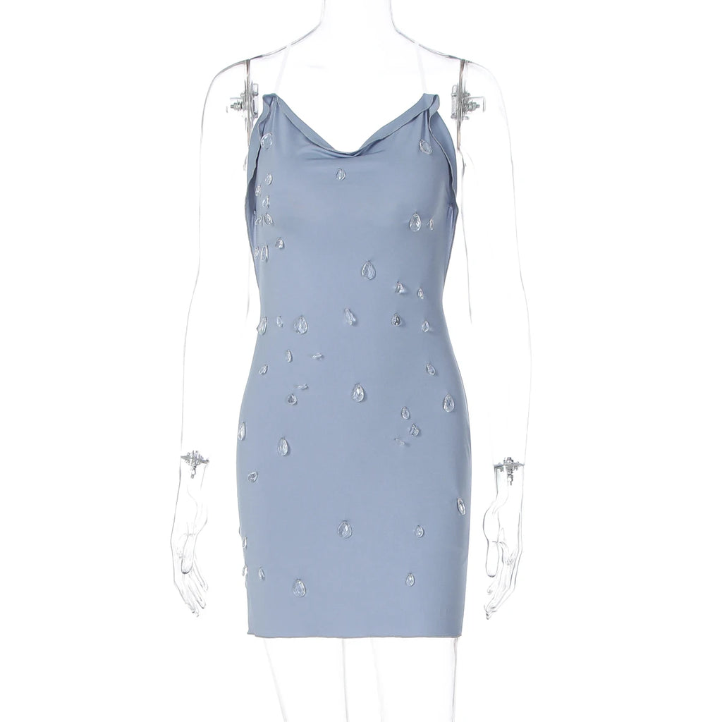 Dulzura Summer Fashion Sexy Backless Water Droplets Diamond Decorate Slim Suspender Mini Dress Evening Party Club Street Clothes