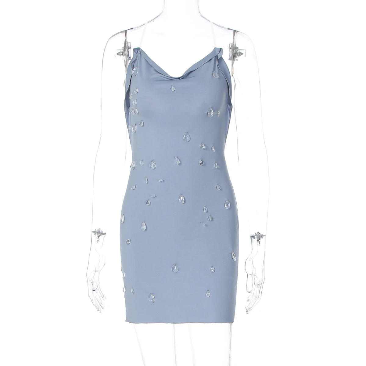 Dulzura Summer Fashion Sexy Backless Water Droplets Diamond Decorate Slim Suspender Mini Dress Evening Party Club Street Clothes
