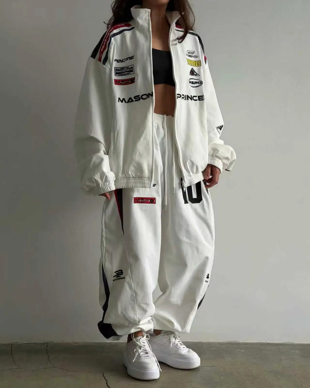 American White Racing Suit Set Women Red White Navy Blue Contrasting Embroidery Loose Jacket Wide Leg Sports Pants Two-piece Set