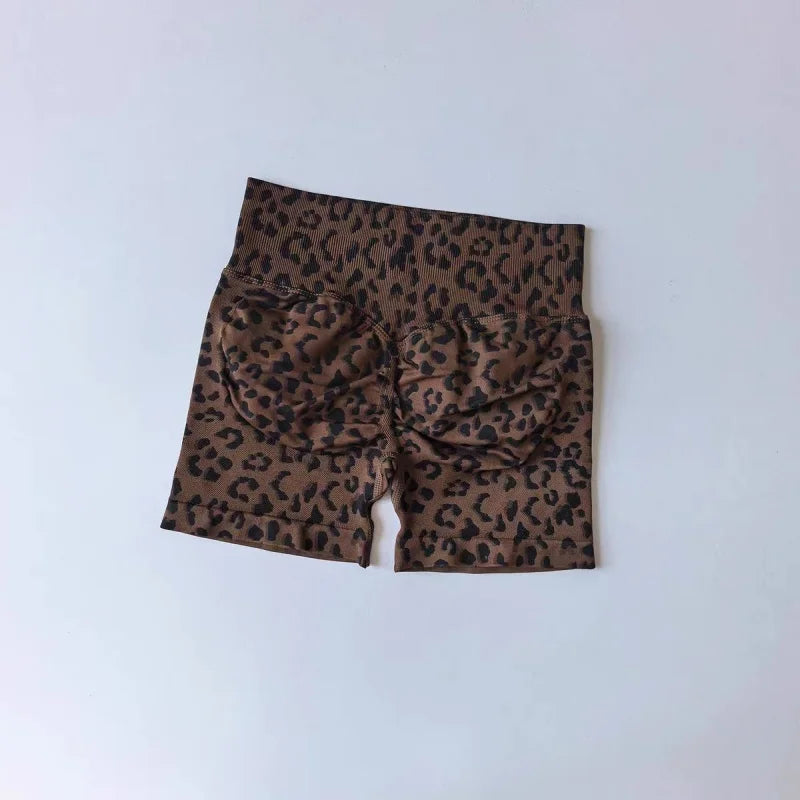 Sexy Leopard Print Seamless Yoga Shorts High Waist Peach Butt Lift Tummy Control 4-Way Stretch Breathable Workout Cycling Pants