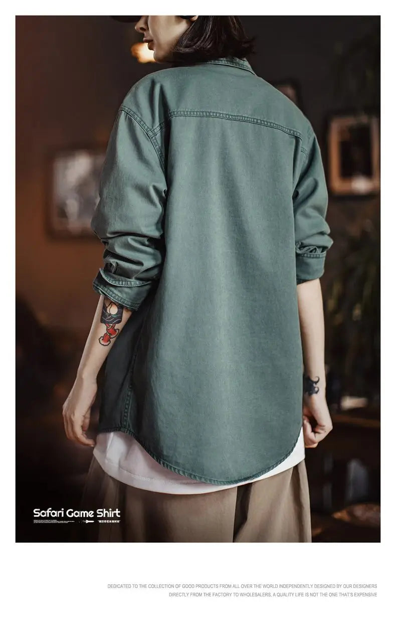 Maden Women's Vintage Washed  Embroidered Print Long Sleeve Shirt 100% Cotton Loose Fit Collar Blouse Single-breasted Fall Tops