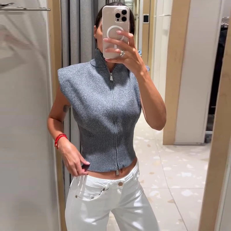 Women's Knitwear Half Turtleneck Double Zipper Knitted Vest Autumn Female Sleeveless Waist Cinching Solid Slim Cardigan New Tops