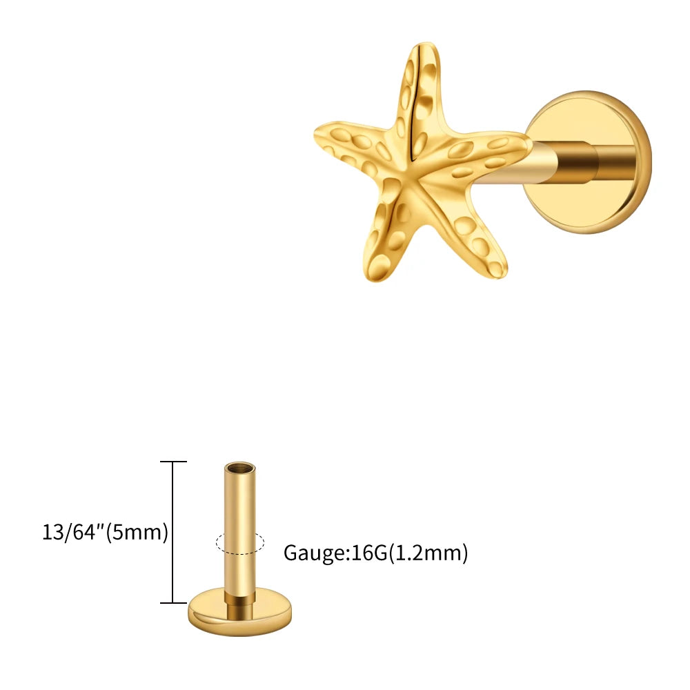 Right Grand ASTM F136 Titanium Tiny Starfish Cartilage Earring 16G Flat Back Labret Helix Stud Earlobe Piercing Summer Jewelry