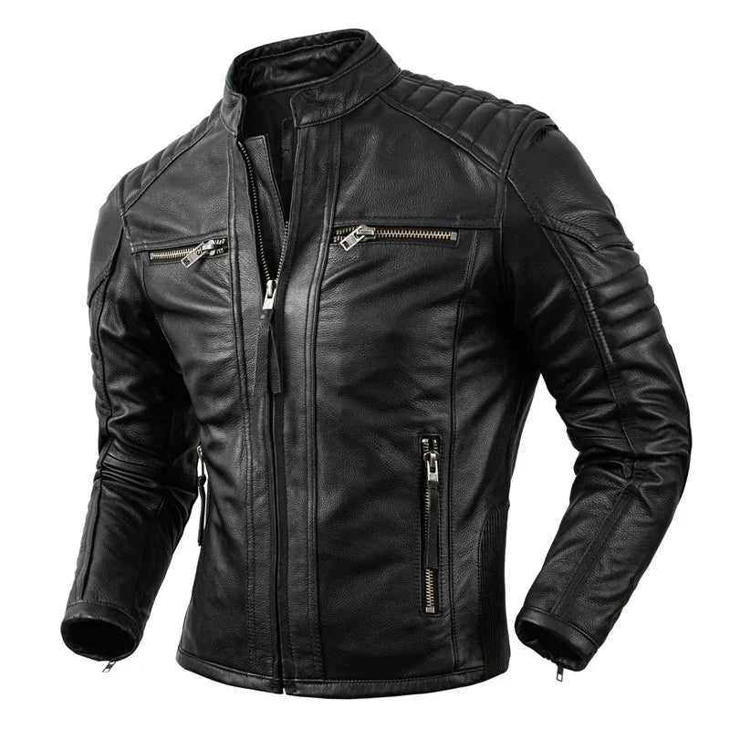 2023 New Motorcycle Causal Vintage Leather Coat Men Autumn Outfit Fashion Biker Pocket Design Top Layer Cow Leather Jacket