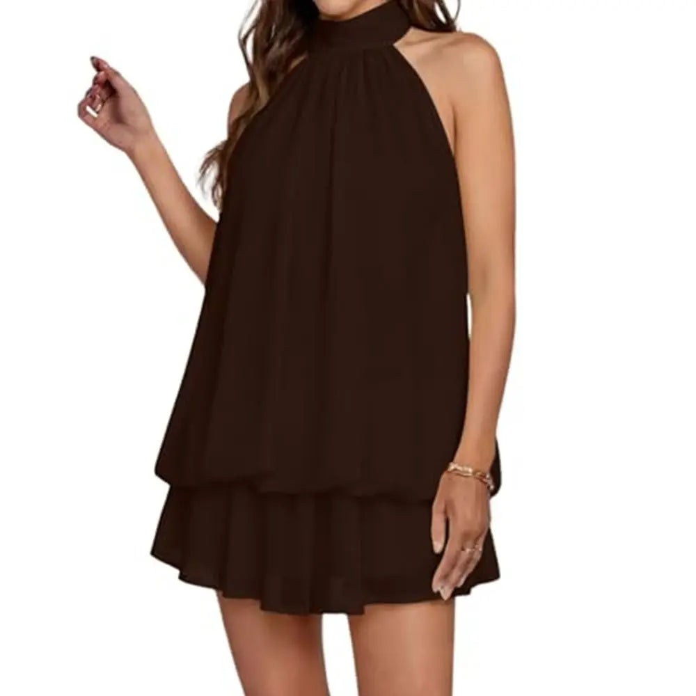 New Halter Tie Party Dress Backless Chiffon Going Out Dresses Sleeveless Ruffle Brunch Outfits for Women
