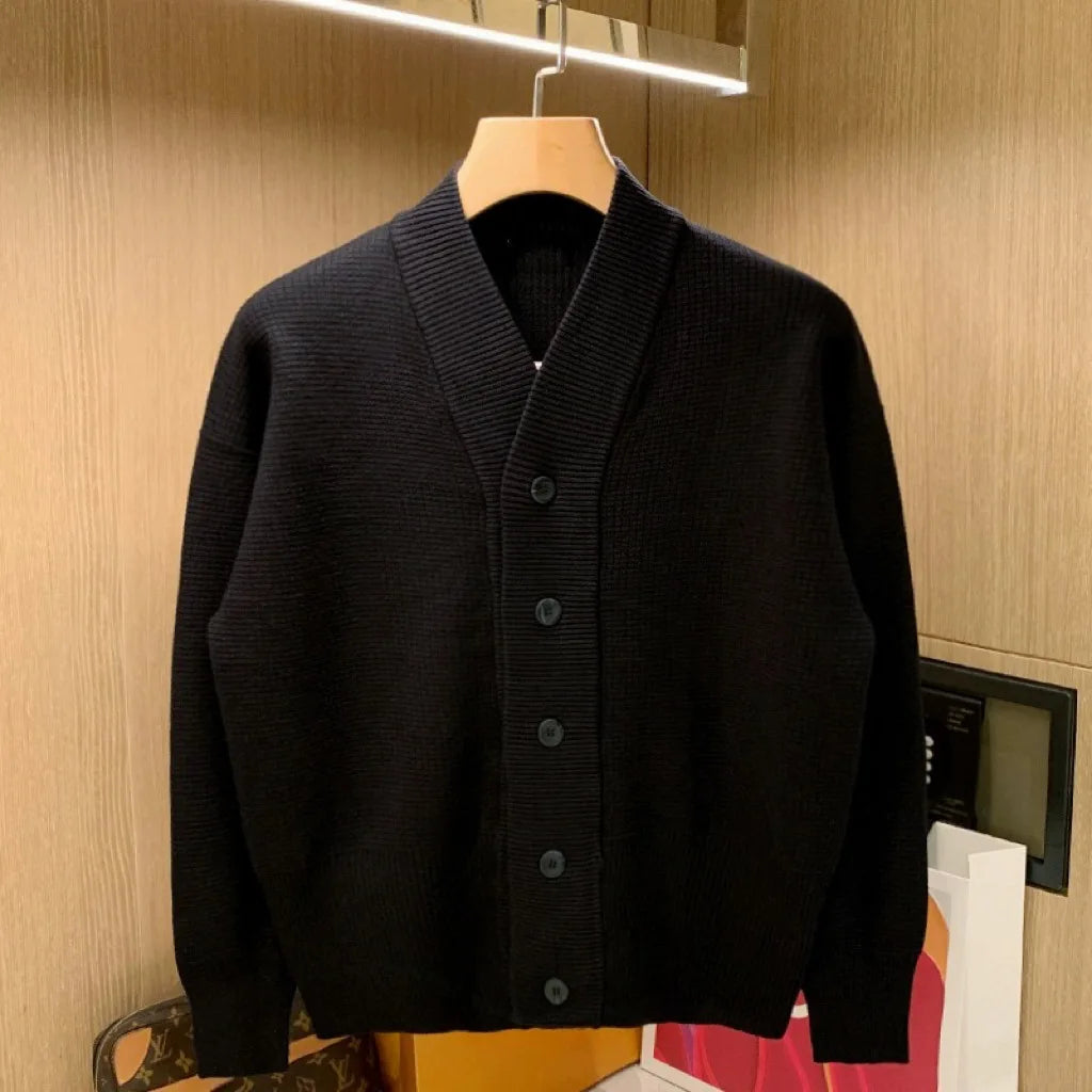 Vintage Elegant Men Knitted Cardigan Sweater  Autumn Winter Business Temperament V-neck Knitwear Fashion Loose Knit Coat