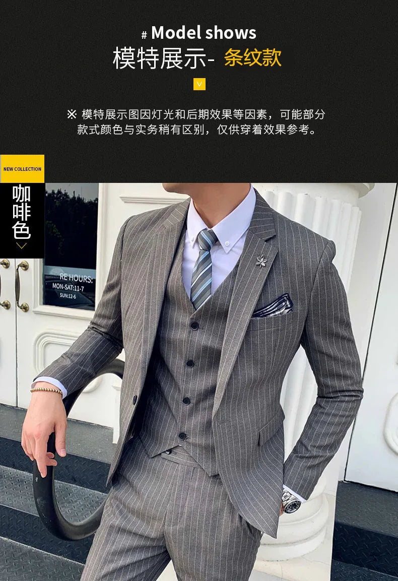 S-7XL ( Blazer + Vest + Pants ) Striped Plaid Solid Color Mens Formal Business Suit 3Pcs Set Groom Wedding Social Show Dress