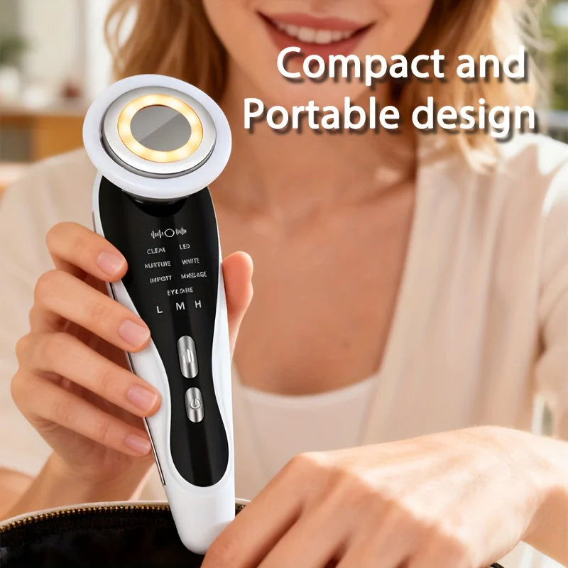 This handheld facial cleansing and beauty device, a USB rechargeable face and neck massager, is compact and portable, suitable f