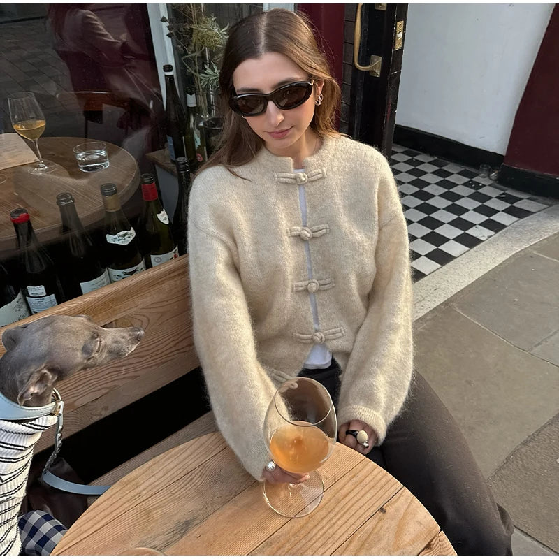 Elegant Knitted Print Women's Cardigan Loose Full Sleeve Stand Collar Zipper Sweaters Female 2026 Autumn Outwear Pockets Lady