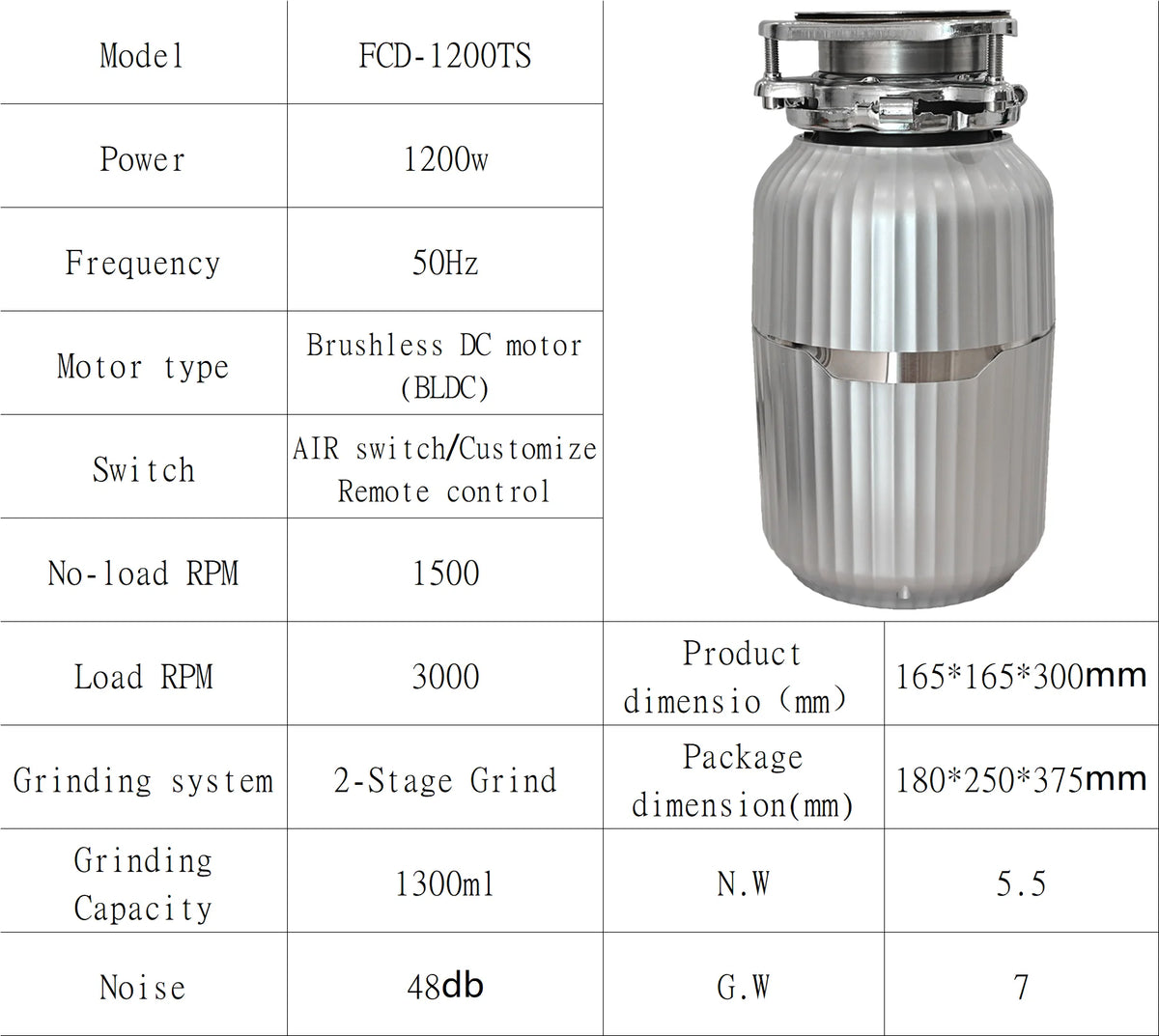 Motor 1200W Electric  Sink Food Waste Disposer with Smart Grinding & Shutdown Stainless Steel 2