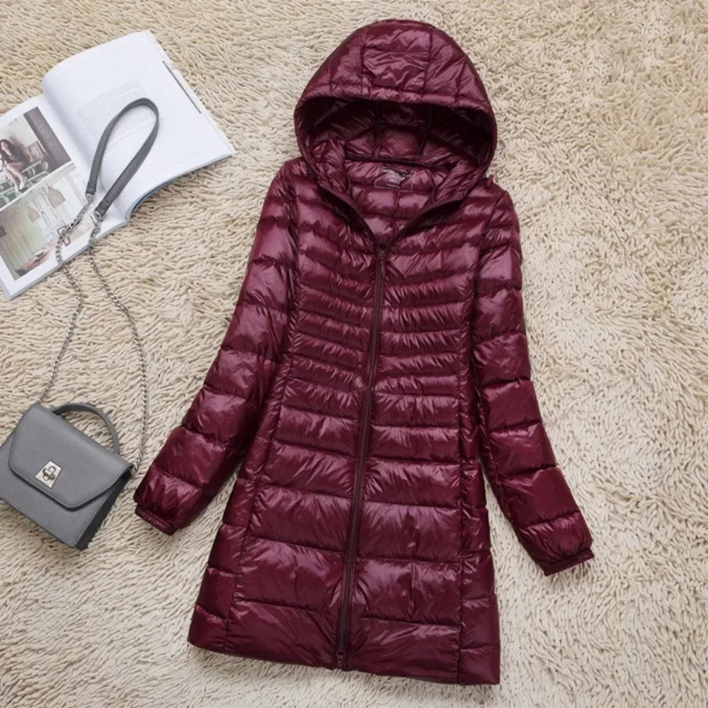 Plus Size White Duck Down Jacket Light-weight Down Jacket Women Inner Cloth Coat Ladies Long Winter Hat Hooded Femal