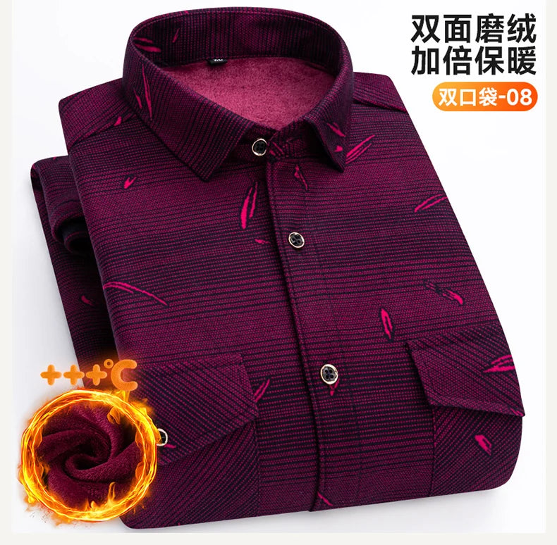 2025 Autumn Winter Men's Fashion Plaid Striped Print Shirts Double-sided Fleece Long Sleeve Thick Warm Shirts Soft Big Size 7XL
