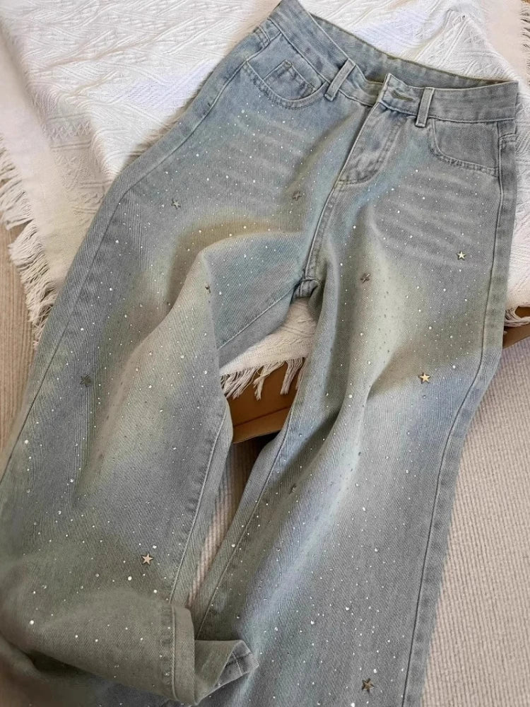 Spring Autumn Women Light-colored Stars Rhinestone Shiny Slim Wide-leg Baggy Jeans Fashion Joker Straight Pants Female Clothing