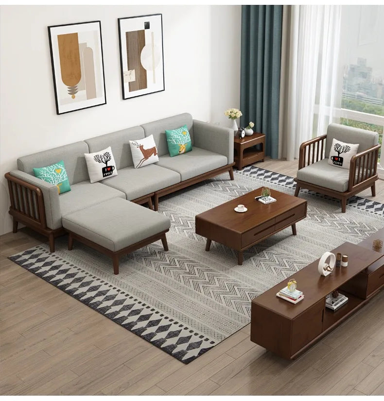 Solid wood fabric sofa Small apartment living room sofa combination Log wind Japanese sofa