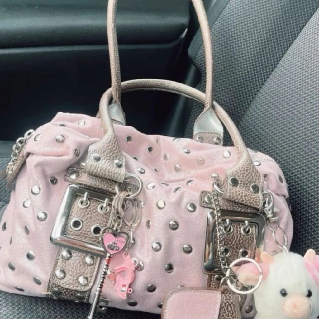 Korean Hot Girl Studded Y2K Tote Bag Women Polka Dot Leather Large Capacity Underarm Bag Ladies Retro Harajuku Handbag Chic 2026