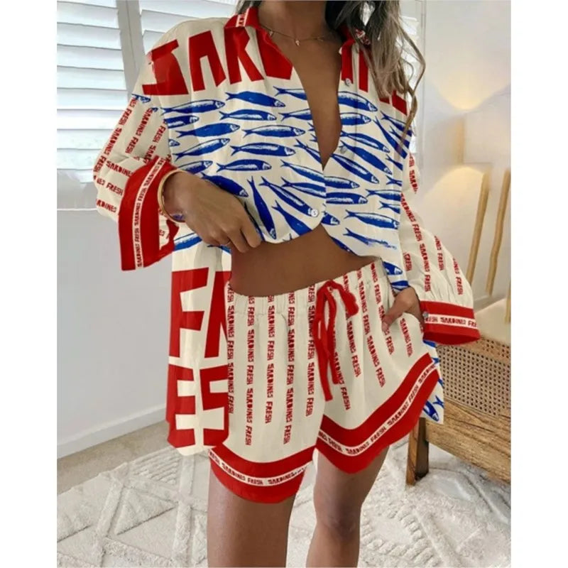 Fashion Print Beach Holiday 2 Piece Set Women Summer Short Sleeve Shirt Top Wide Legs Shorts Women's Oversize Two Piece Outfit