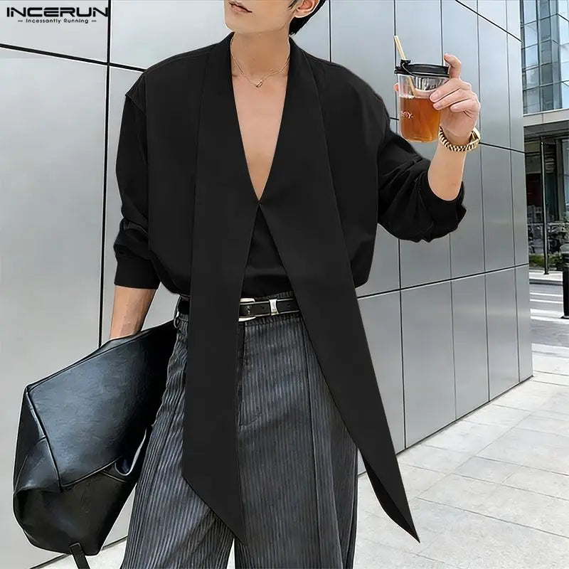 INCERUN Men's Shirt Solid Color Deep V Neck Long Sleeve Men's Clothes Tops With Belt Streetwear 2026 Fashion Camisas Masculina