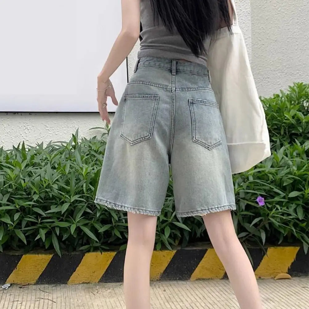 Retro Style Women Denim Shorts High Waist Vintage Washed Straight Wide Leg Button Zipper Knee Length Jeans Shorts Summer