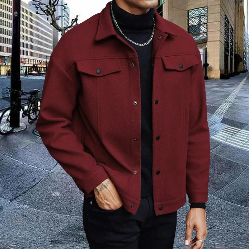 Men Loose Short Shacket Soft Brushed Fabric Autumn Winter Business Daily Casual Fake Decor Chest Flap Lapel Fashion Outer Jacket