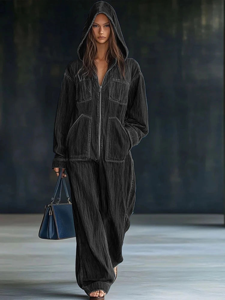 Women Denim Jumpsuits For Autumn Winter Long Sleeve Bandage Loose Fashion Streetwear Overalls Wide Leg Pants Jeans 2025