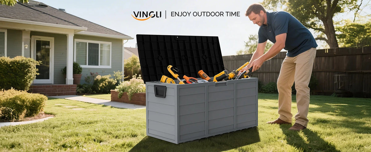 VINGLI 75 Gallon Outdoor Storage Box Lockable Plastic Deck Box Waterproof with Wheels for Garden Pool Patio Black