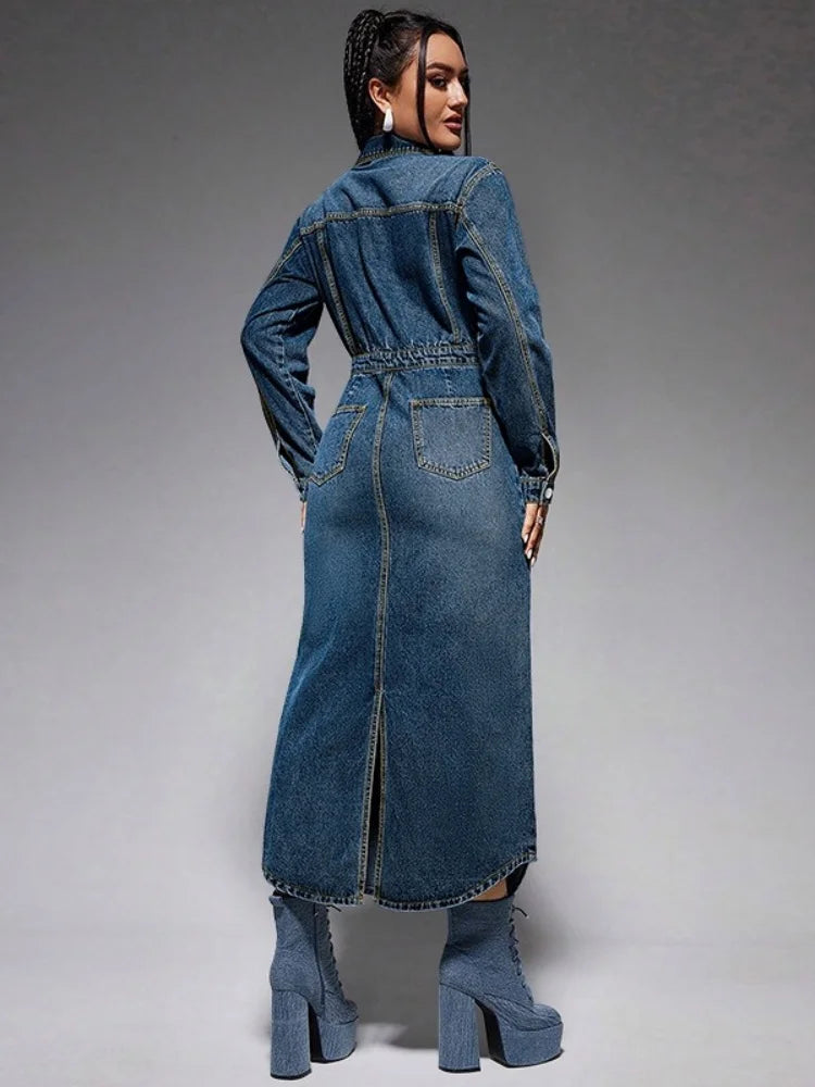 Wmstar Denim Dresses Women Long Sleeve Casual Button Pockets Maxi Dress Fall Clothes Fahion Streetwear Wholesale Dropshipping